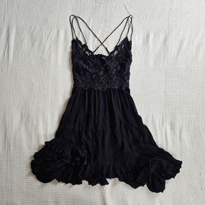 Free People Adella Black Grunge Fairy Lace Bodice Festival Ruffle Mini Dress M